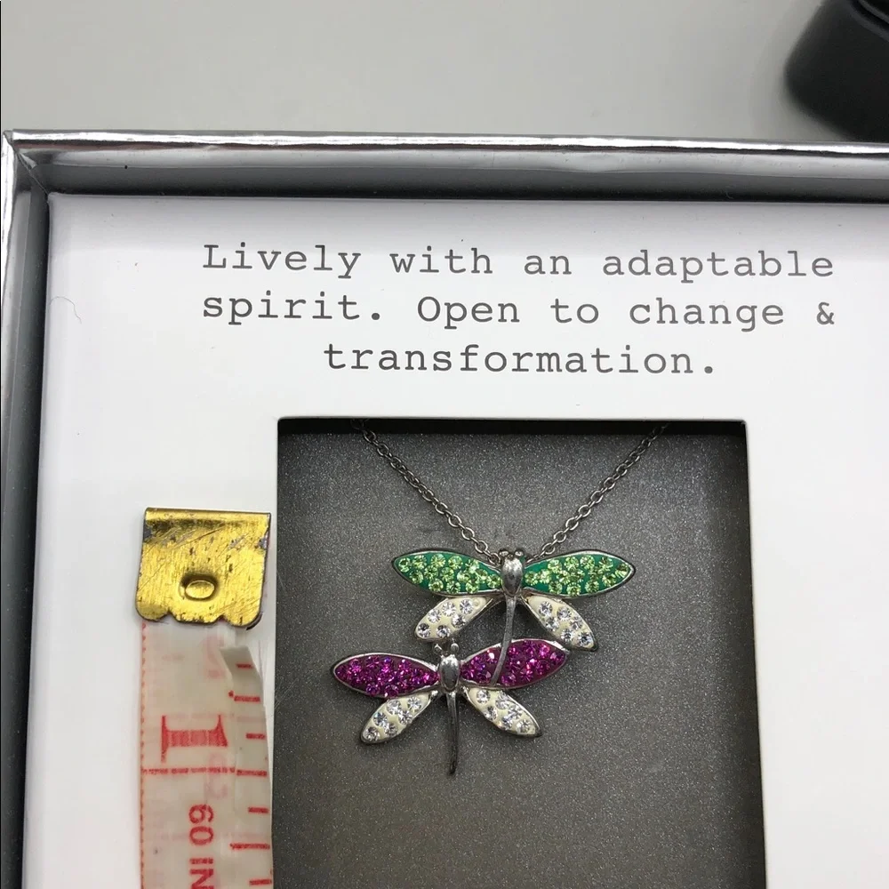 Silver plated dainty chain colorful crystal sparkling dragonfly necklace NEW.